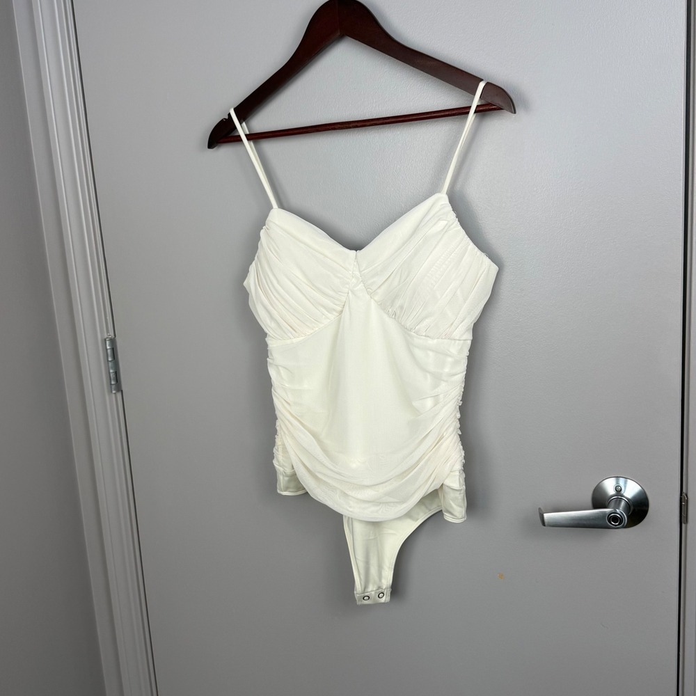 Express Body Contour Bodysuit Women's Large White Ruched Mesh Strappy - Picture 7 of 10